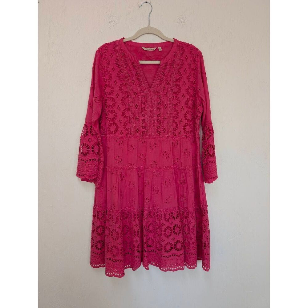 Soft Surroundings Womens Bell Sleeve Tiered Eyelet Cordelia Dress Pink Large